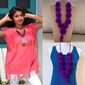 Boho Tassel Necklace. Pom Pom handmade necklace.
